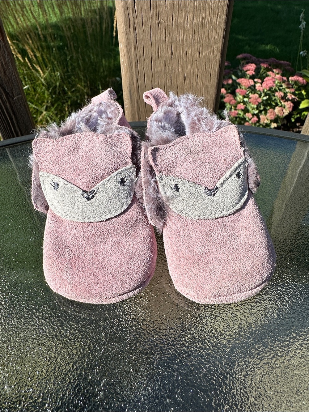 Joe Fresh Pink Fox Suede Baby Booties with Faux Fur